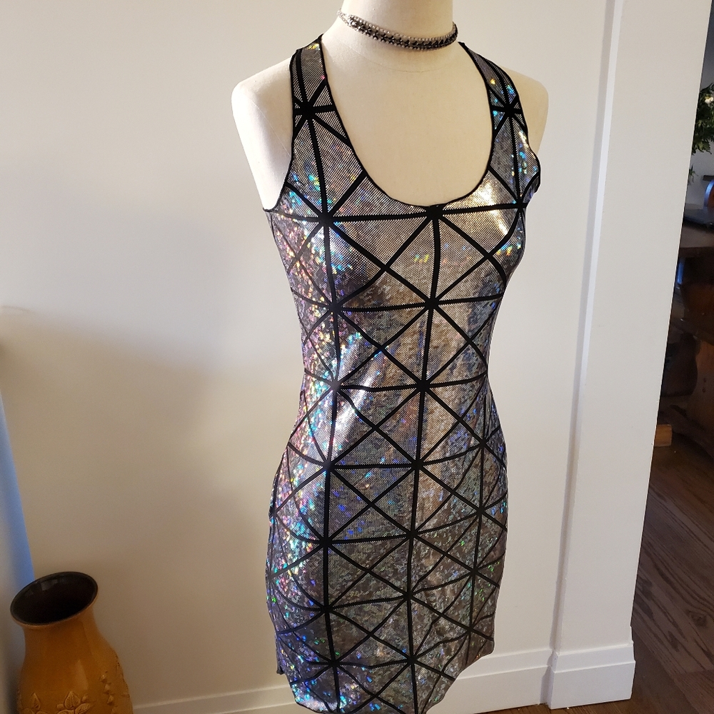 Holographic 90s club metallic disco rainbow dress pride mini